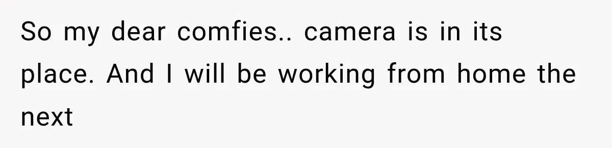 Coworker Humiliates Her Behind Closed Doors, Then Her Hidden Camera Reveals Everyone Involved So my dear comfies.. camera is in its place. And I will be working from home the next