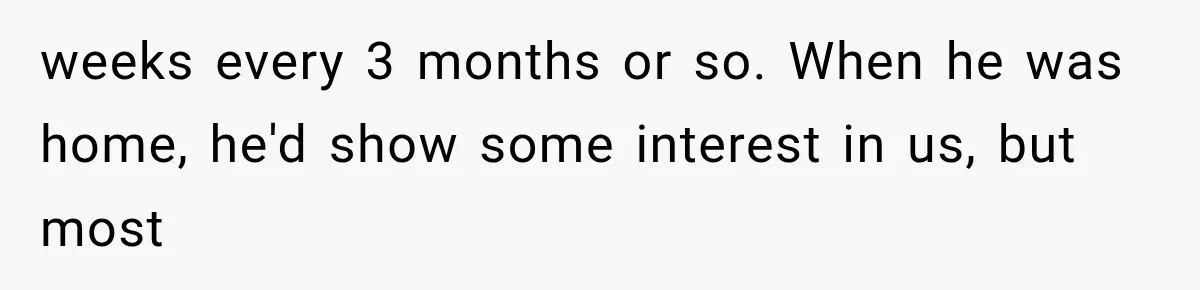 ather Abandons His Daughter for Years, Then Returns Expecting Her to “Fix” Their Relationship weeks every 3 months or so. When he was home, he'd show some interest in us, but most