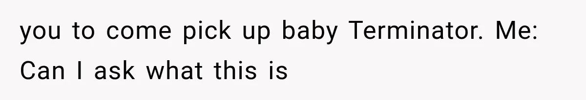 you to come pick up baby Terminator. Me: Can I ask what this is