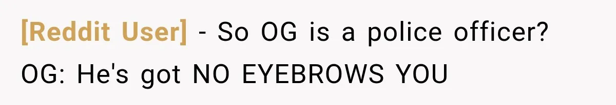 [Reddit User] − So OG is a police officer? OG: He's got NO EYEBROWS YOU