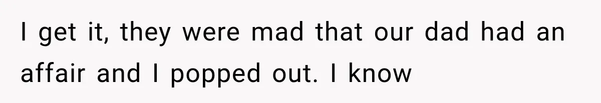 I get it, they were mad that our dad had an affair and I popped out. I know