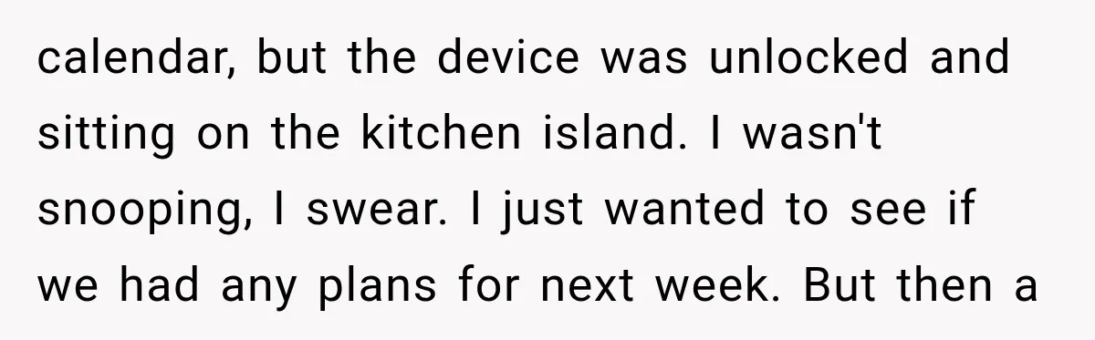 calendar, but the device was unlocked and sitting on the kitchen island. I wasn't snooping, I swear. I just wanted to see if we had any plans for next week....