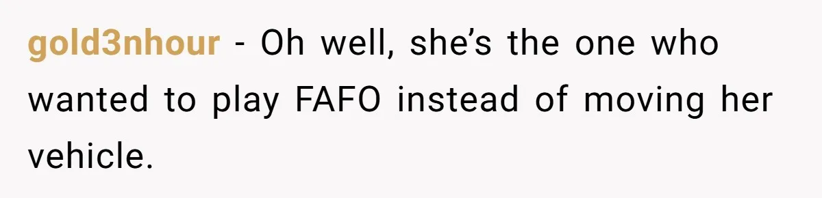 Woman Told A Homeowner To Park Somewhere Else, And The Tow Truck Arrived Minutes Later gold3nhour − Oh well, she’s the one who wanted to play FAFO instead of moving her vehicle.