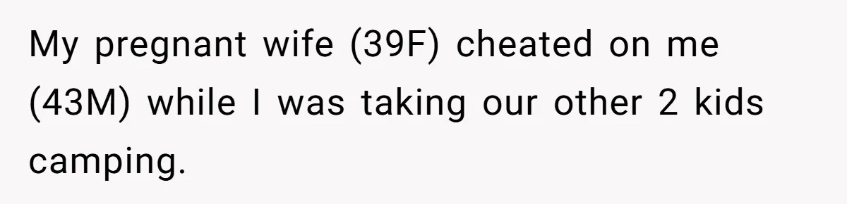 Wife Sent Him Away With The Kids, Then Spent The Weekend With Another Man My pregnant wife (39F) cheated on me (43M) while I was taking our other 2 kids camping.