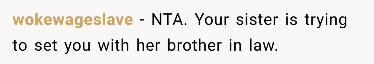 wokewageslave − NTA. Your sister is trying to set you with her brother in law.
