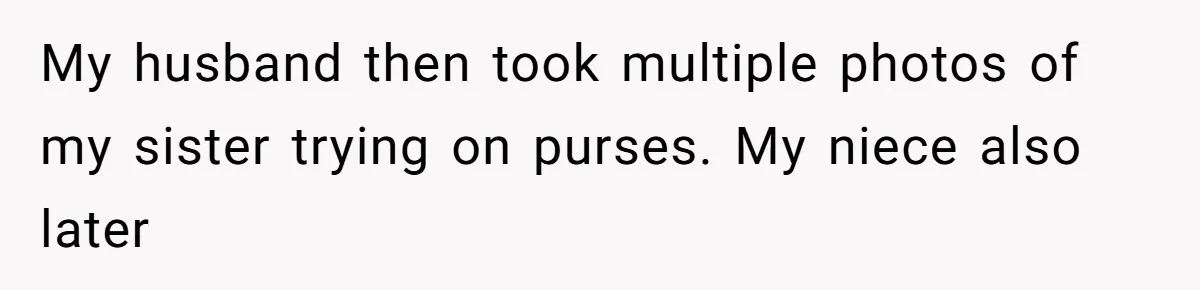 Wife Granted Absolute Sanity Check After Sister Admits To Using Husband As An "Audience" My husband then took multiple photos of my sister trying on purses. My niece also later