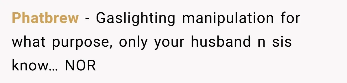 Wife Granted Absolute Sanity Check After Sister Admits To Using Husband As An "Audience" Phatbrew − Gaslighting manipulation for what purpose, only your husband n sis know… NOR