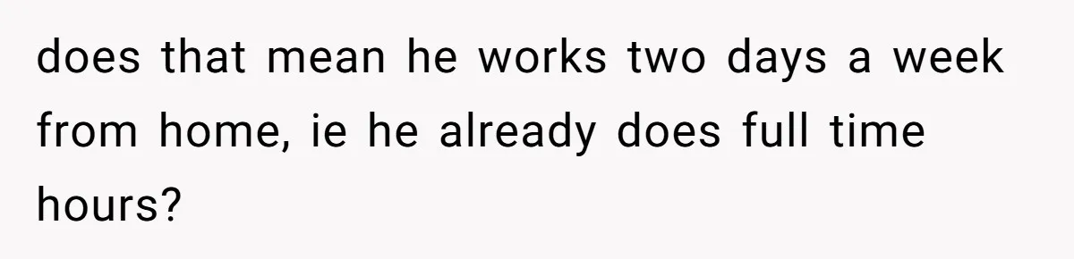Wife On Mat Leave Pushes Husband For Side Hustle — He Refuses And Wants To Enjoy Work-Life Balance does that mean he works two days a week from home, ie he already does full time hours?