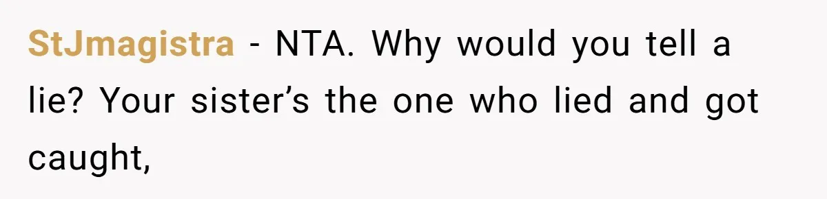 StJmagistra − NTA. Why would you tell a lie? Your sister’s the one who lied and got caught,